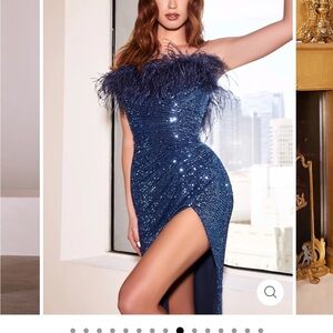 Strapless Navy Sequin Feather Trim Evening Dress